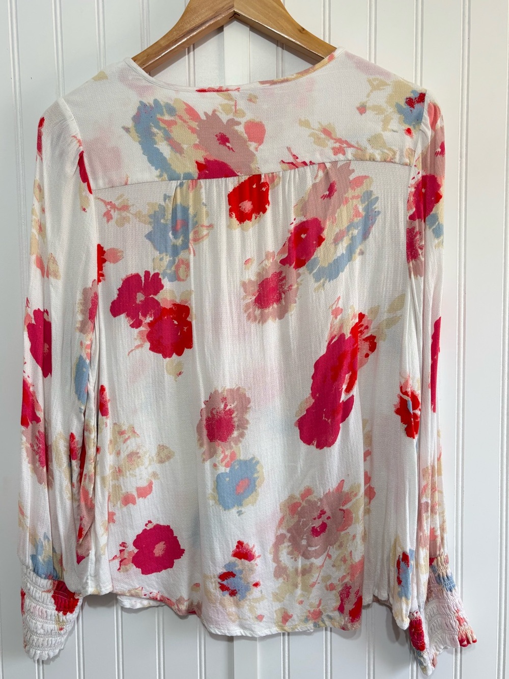 Lucky Brand Floral Peasant Blouse Top Boho Tie Neck Smocked Cuff Size Large - Picture 4 of 12